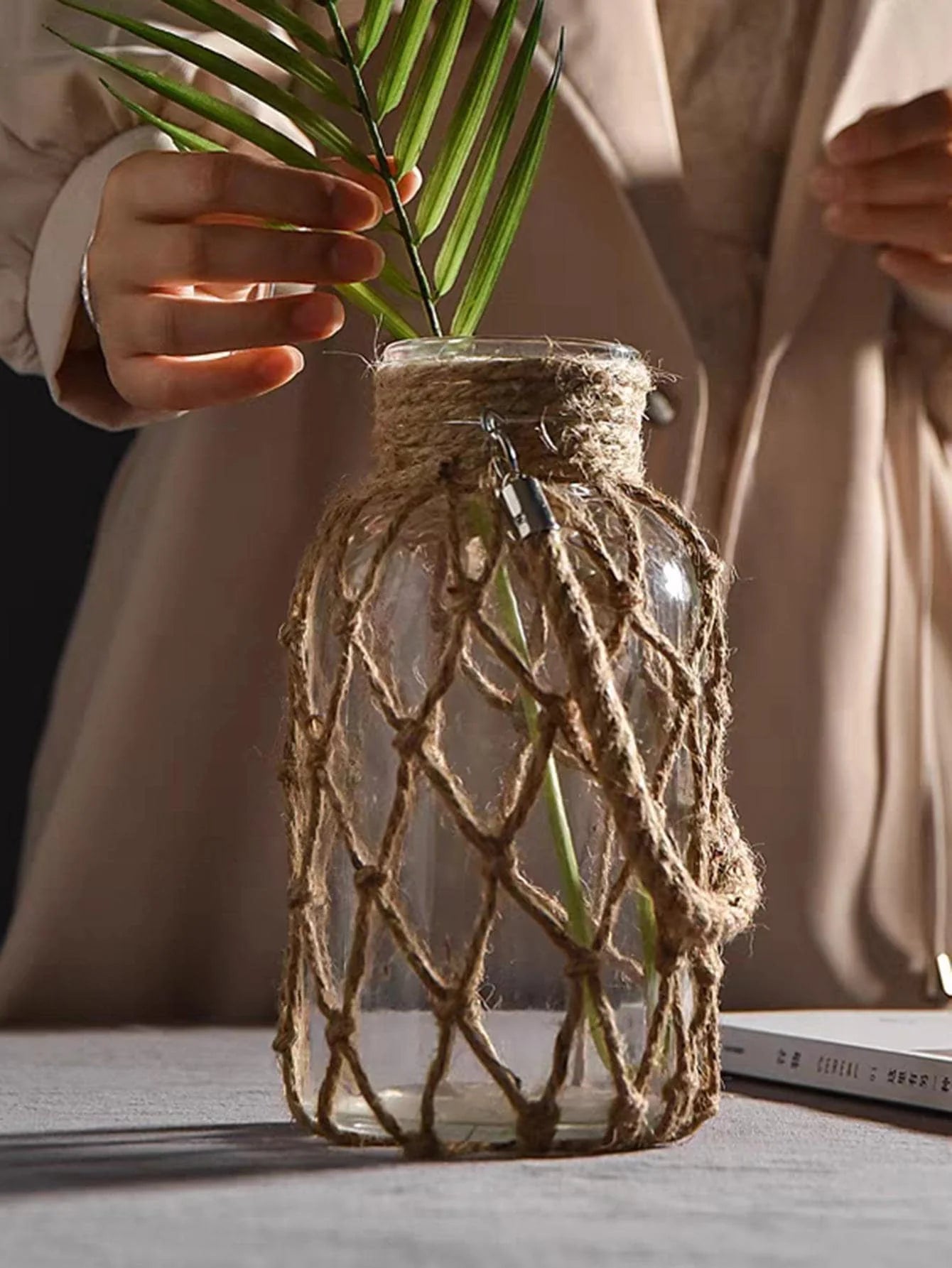 Rustic Hanging Glass Vase – Rope Net Floral Accent