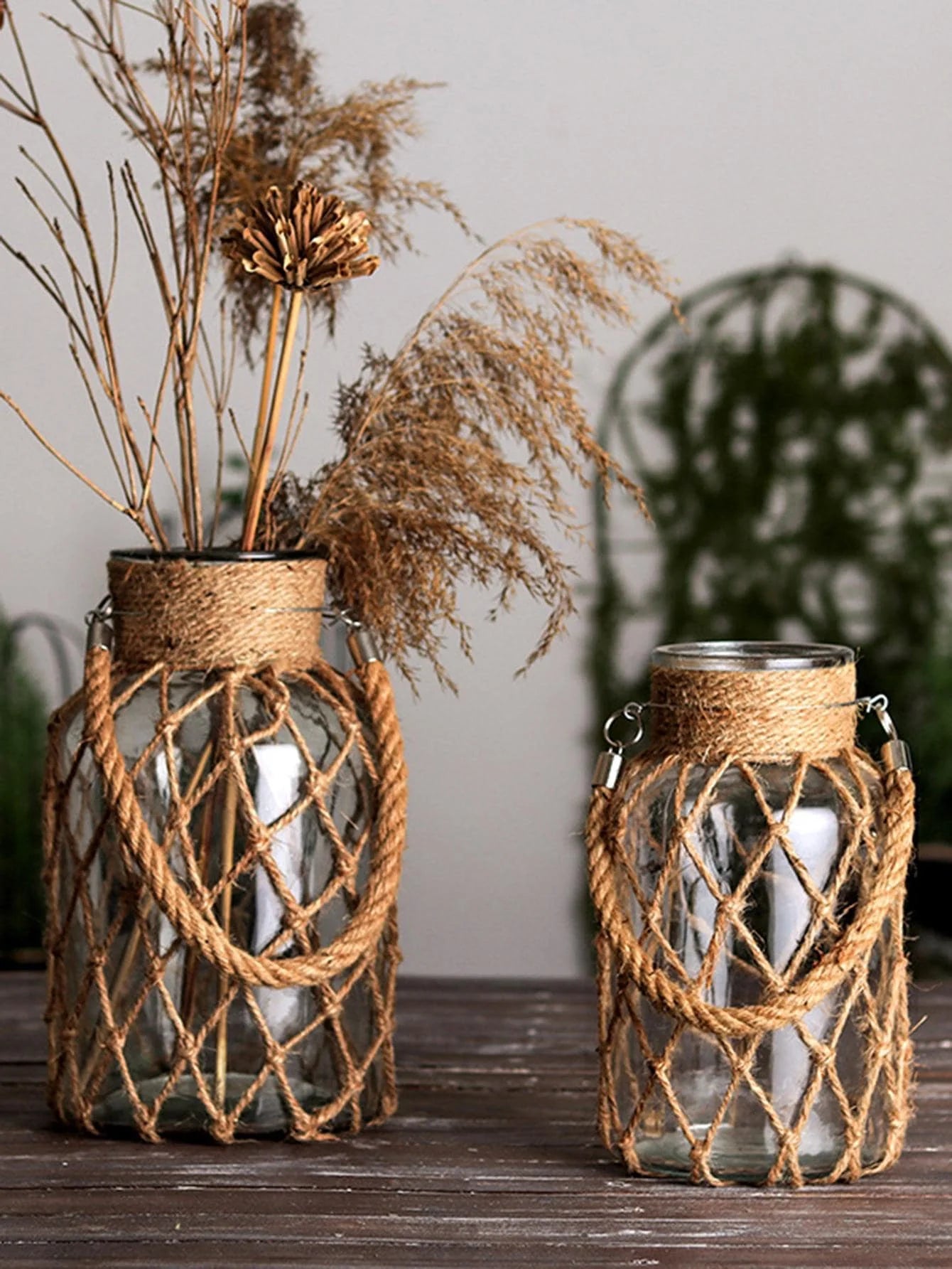 Rustic Hanging Glass Vase – Rope Net Floral Accent