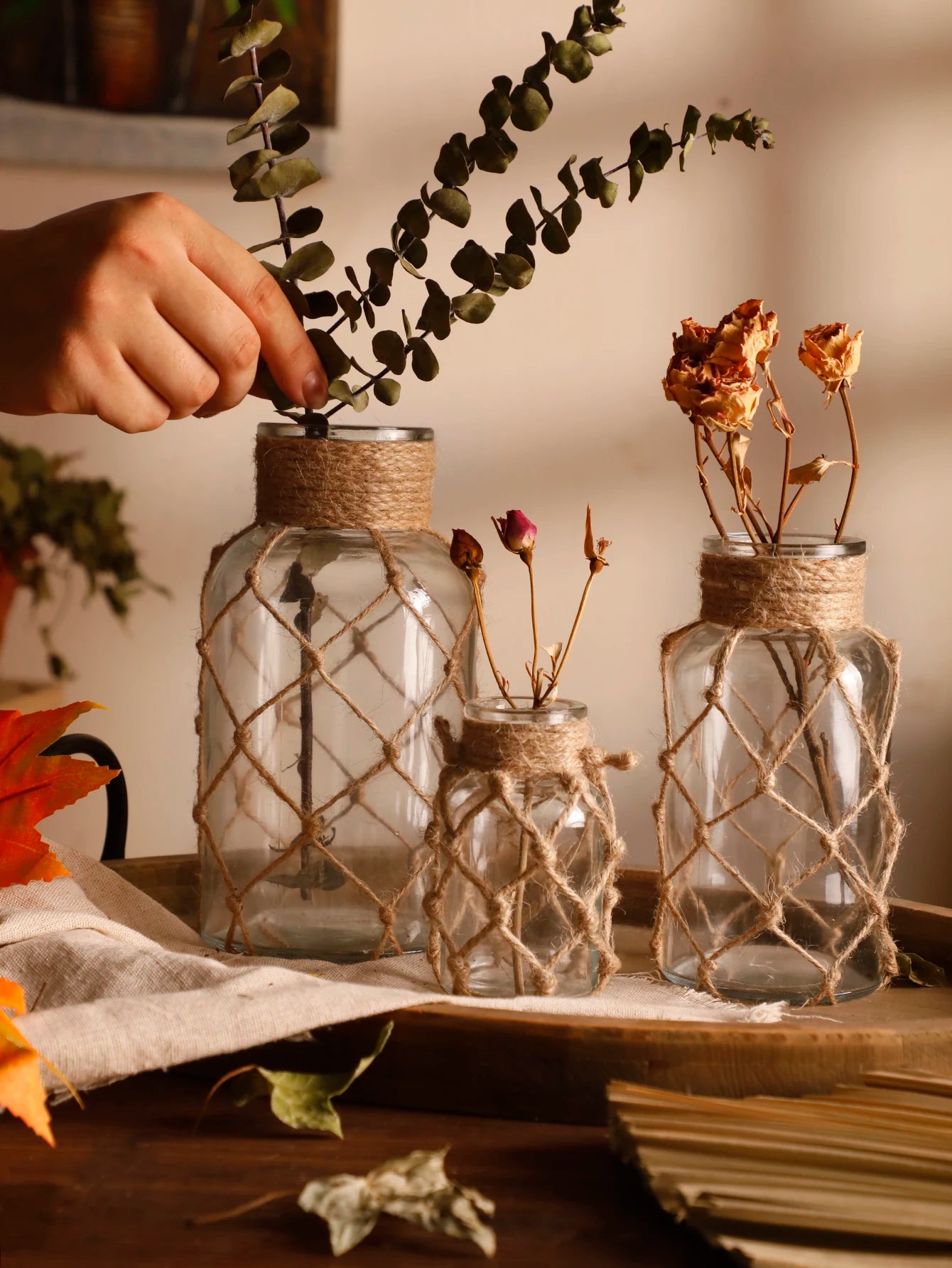 Rustic Hanging Glass Vase – Rope Net Floral Accent