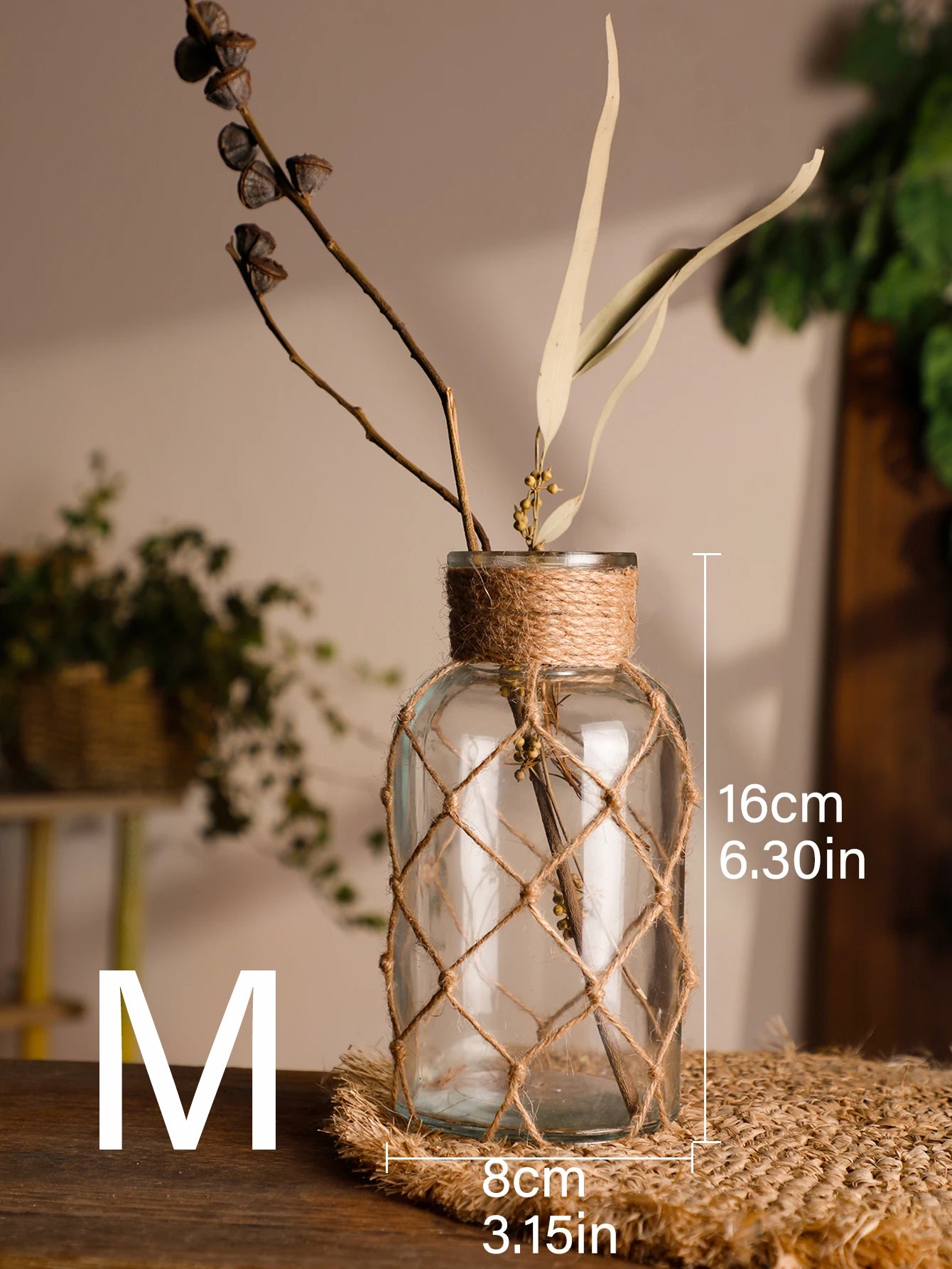 Rustic Hanging Glass Vase – Rope Net Floral Accent
