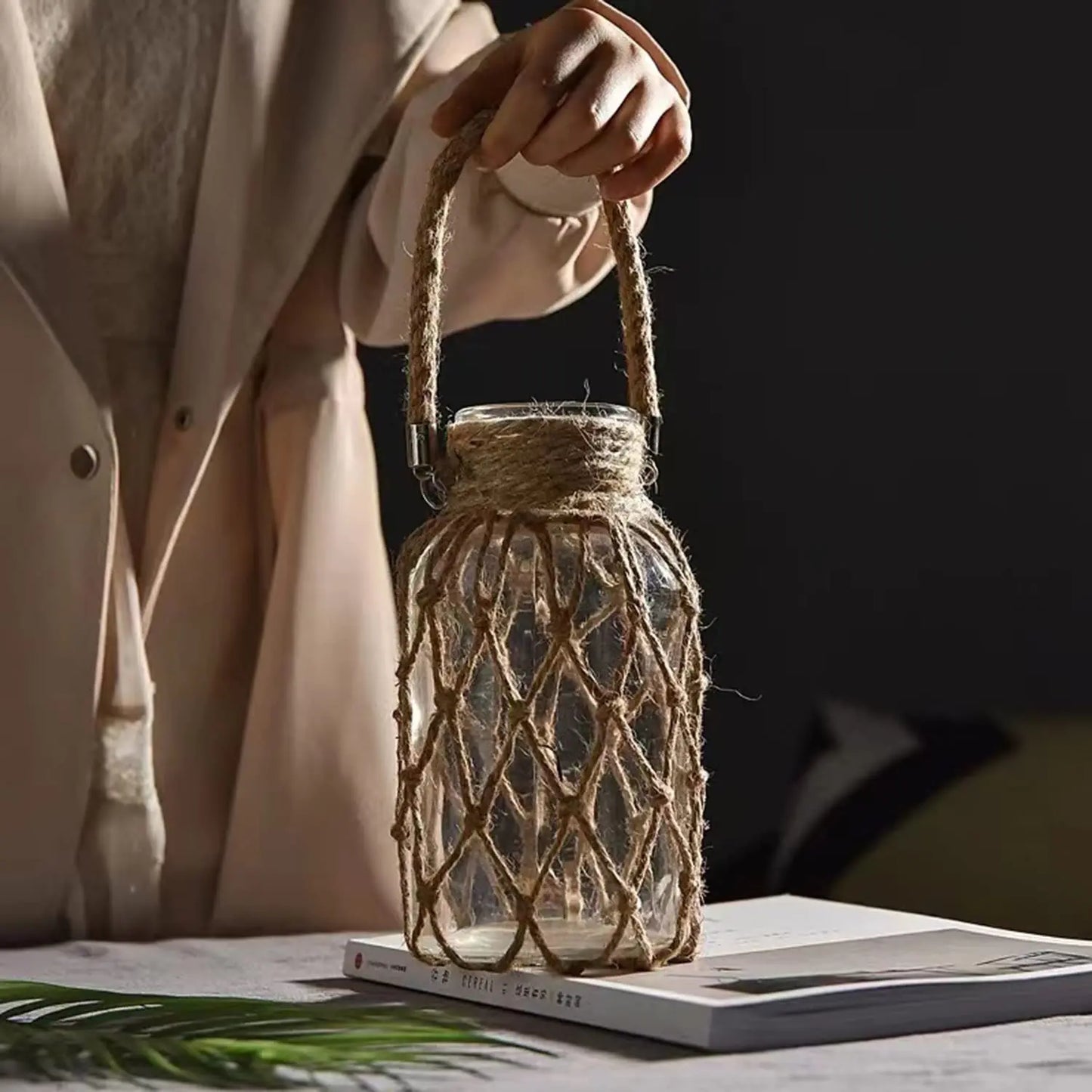 Rustic Hanging Glass Vase – Rope Net Floral Accent